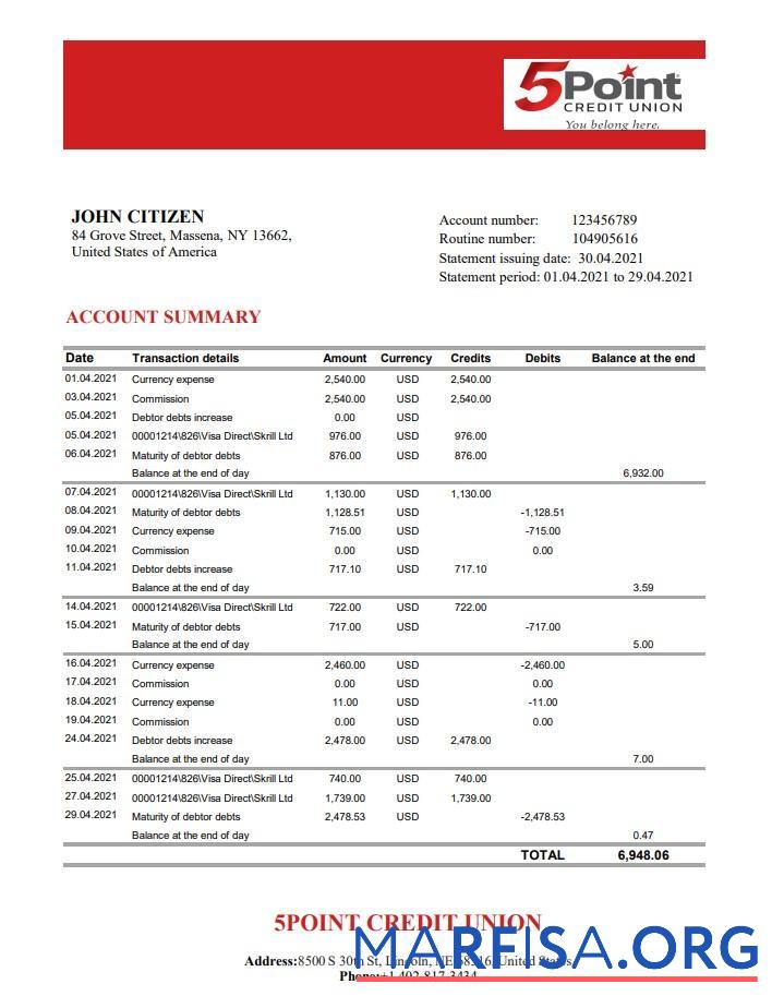 Printable USA Texas 5Point bank statement excel sample